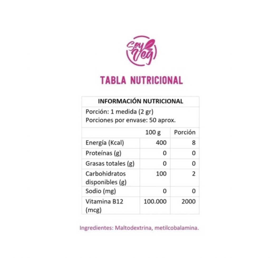 Vitamina B12 100g. Suplemento Alimenticio Soy Veg Agro Newen