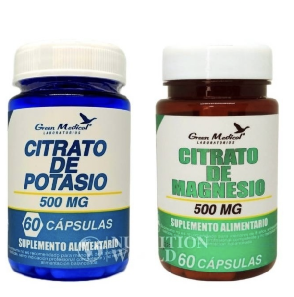 Citrato de Magnesio 500mg. 60 Cápsulas + Citrato de Potasio 500mg. 60 Cápsulas Green Medical