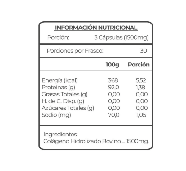 Colágeno Hidrolizado de Bovino 90 Cápsulas Vegetales 500mg. Health Natural - Image 2