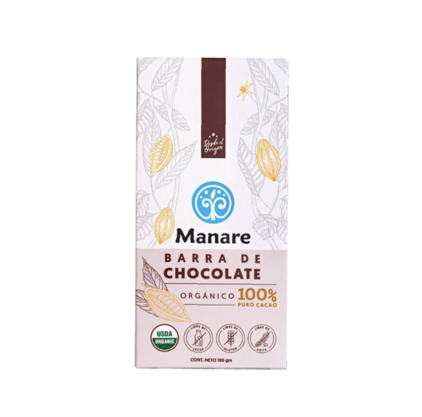 Barra de Chocolate Orgánico, sin Gluten, sin Leche, sin Soya 100% Cacao Puro 100g. Manare