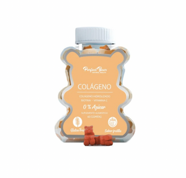 Colágeno Hidrolizado Biotina + Vitamina C sin Azúcar sin Gluten 60 Gomitas Sabor Frutilla Perfect Bear
